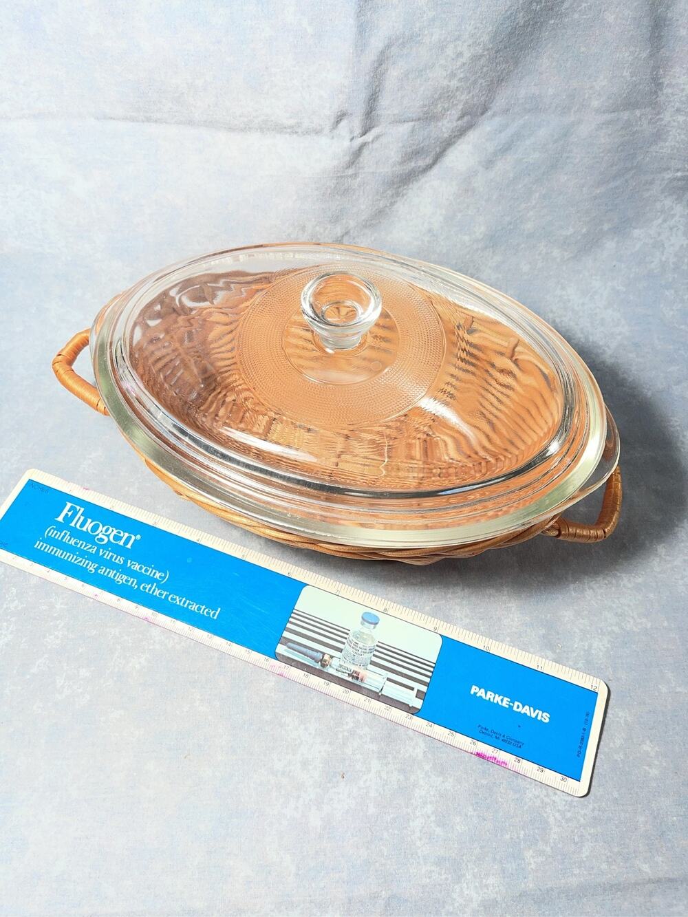 Glasbake Oval Casserole Dish With Lid And Wicker Serving Basket